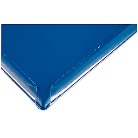 Close-up of a blue plastic edge forming a rounded corner.