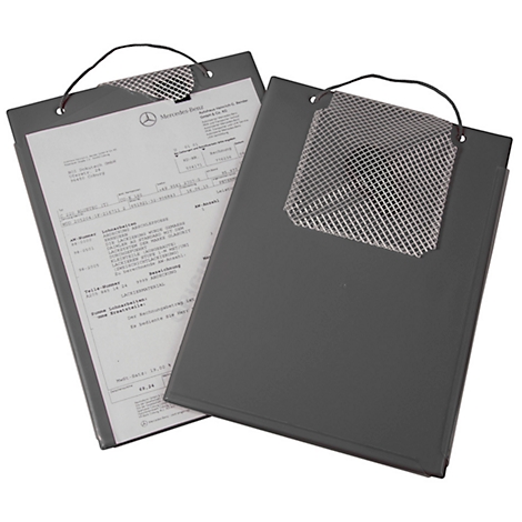 Two gray folders with documents, one with a Mercedes-Benz logo. Each folder has a carrying handle and a mesh.