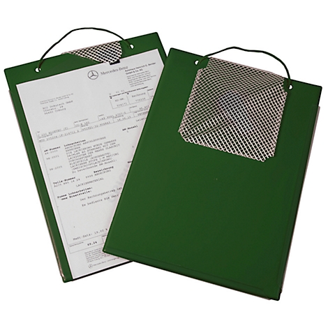 Two green clipboards with paper, one open with Mercedes logo and text.