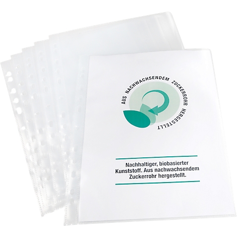 Transparante, geperforeerde vellen voor mappen met tekst: 'Duurzame, biobased kunststof. Gemaakt van hernieuwbaar suikerriet'.