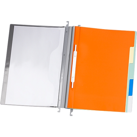 Opened gray folder with orange and transparent compartment, yellow, blue and green index.
