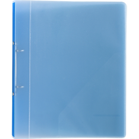 Hellblauer Ordner mit Metallringen und blauem Rücken, auf weißem Hintergrund. Transparente Hülle.