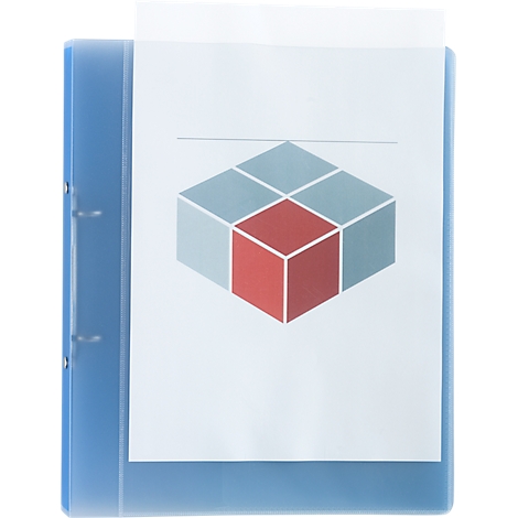 Blauer Ordner mit eingelegtem Blatt mit kubischem Diagramm.