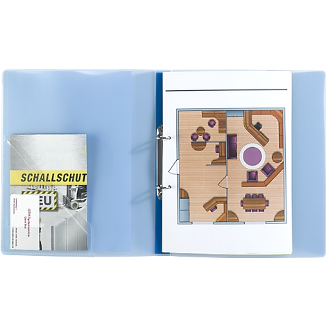 Hellblaues Büro mit Ordner, Plan, Visitenkarte. Darauf Schriftzug: Schallschutz, EU, Grundriss des Büros.