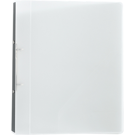 Ein weißer Ordner steht vor einem neutralen Hintergrund. Der linke Rand und die Ringe sind grau.