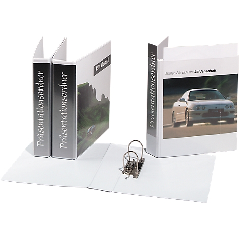 Weiße Präsentationsordner mit Fotos, die teilweise geöffnet sind. Auf der Vorderseite steht 'Präsentationsordner'.