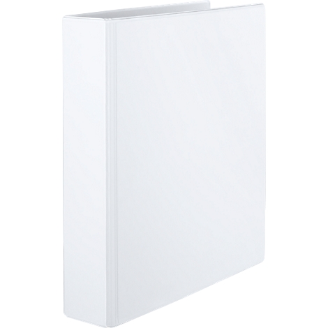 Een witte ordner staat schuin, met de open kant naar boven. Opnames die het product tonen.