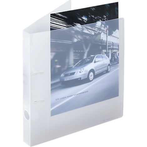 Binder with a page showing a car on a road. The binder is white and has three holes for filing.