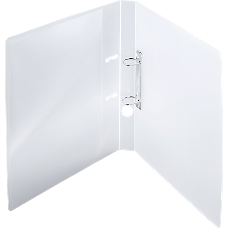 White binder, opened. Metal rings for filing are visible in the center.