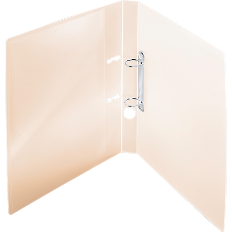 Light brown binder, open, with metal rings.