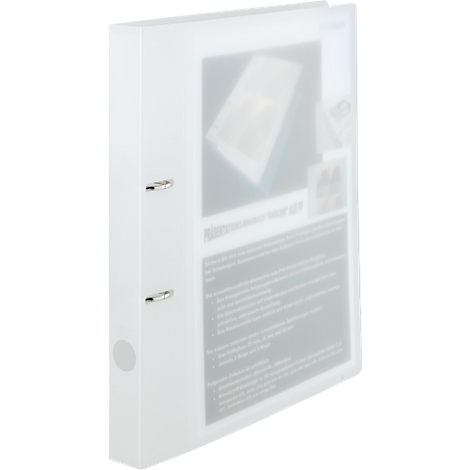 White binder with metal rings and stickers. Inside are sheets of paper with text.