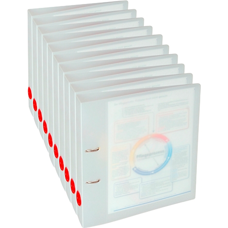 A row of white binders with red clasps, standing half-open. Charts are visible on the sheets.