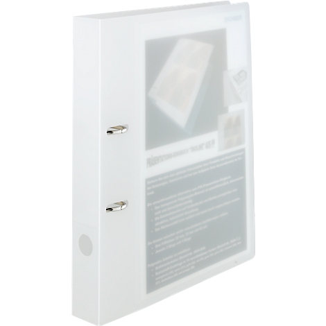 Slightly blurred white binder with two metal rings, contains text and images inside.
