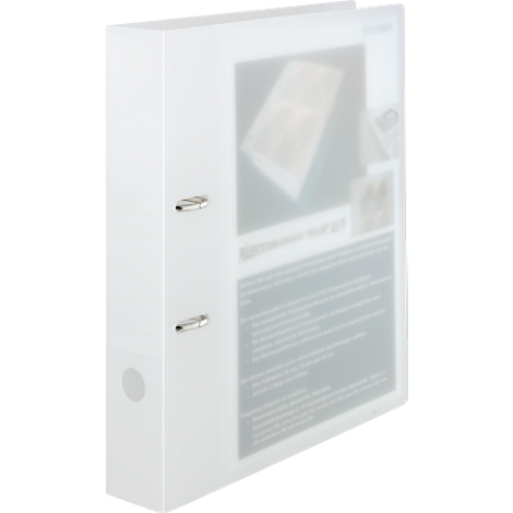 White binder with silver rings and a transparent cover.