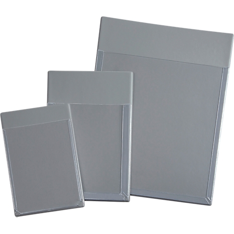 Three grey document folders of different sizes, with a transparent compartment.