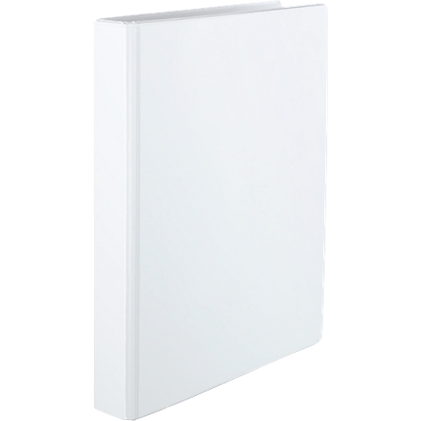 A white binder, photographed slightly from the side.
