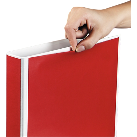 Close-up: Hand opening a red binder. The binder has a white border.