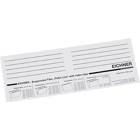 Wit etiket met zwarte lijnen, tekst en logo. Opschrift: EICHNER. Productnaam: Suspension Files "Platin Line" with index clips.