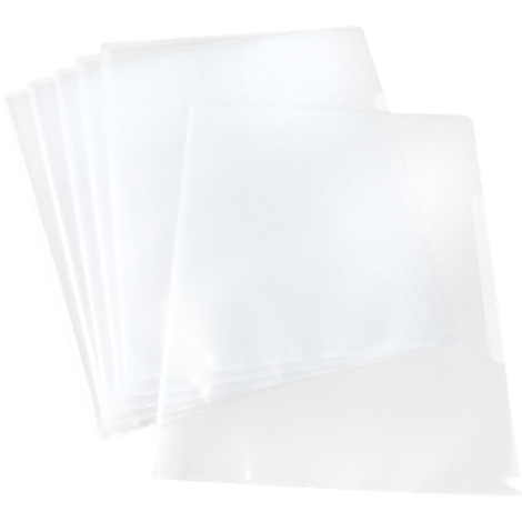 Ein Stapel transparenter, klarer Kunststoff-Hüllen auf weißem Hintergrund.