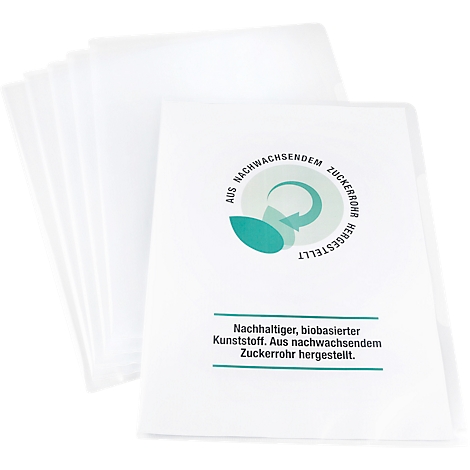Mehrere transparente Hüllen mit Text und Logo. Text: Aus nachwachsendem Zuckerrohr hergestellt.