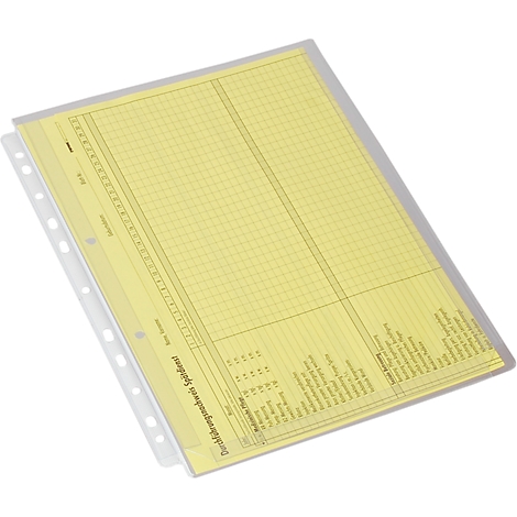 Yellow sheet of paper in a clear plastic sleeve. With pre-printed columns and lines. The sleeve is transparent.