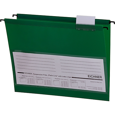 Green hanging file with white label field and transparent case, with a clip above.