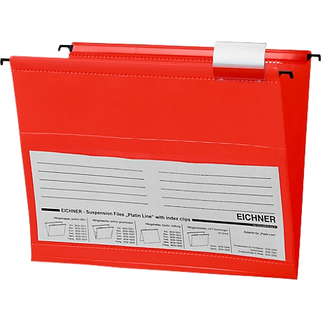 Red hanging file with a white label and black bracket.
