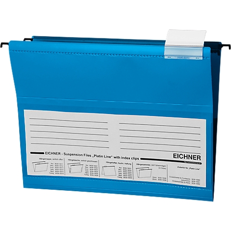 Light blue hanging file with a white label and index clip. The label is printed with "EICHNER - Suspension Files, Platin Line".