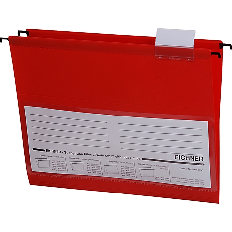 Red hanging file folder with white label and text: EICHNER. Black hangers.