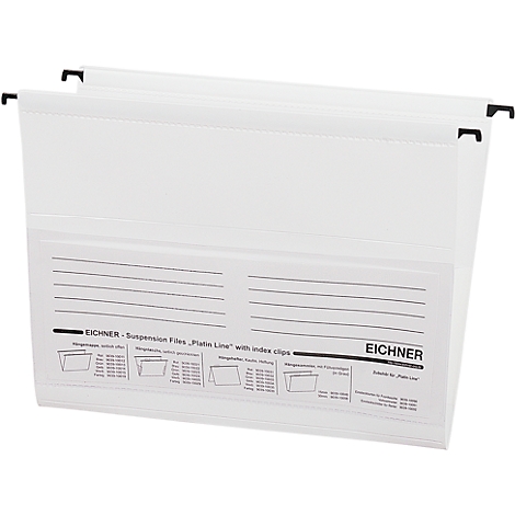 Two white hanging files with black holders. Inscription: EICHNER Suspension Files, Platine Line with Index Clips.