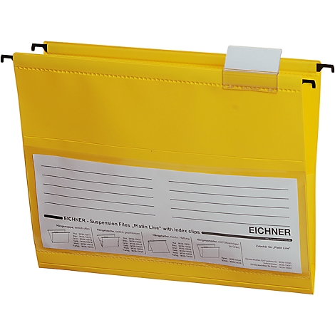 Yellow hanging file folder with transparent label field and black metal hooks.