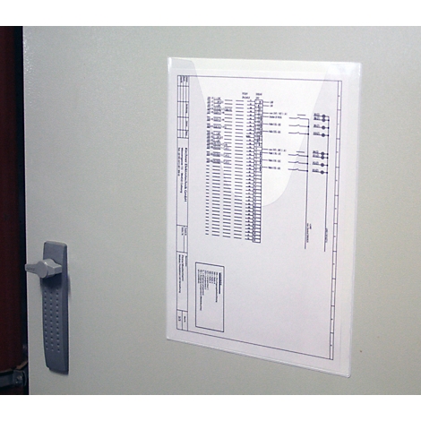 A grey metal door with a diagram attached in a protective sleeve. The diagram has detailed information, with a handle.