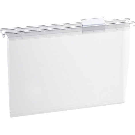 Hanging file folder, white rectangle with transparent top edge. Metal holding device with label.