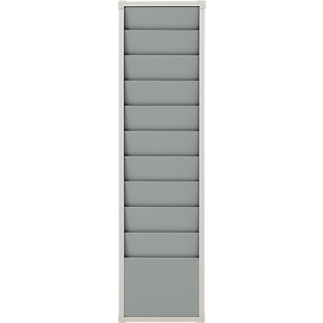 Gray file organizer with multiple compartments and white frame.
