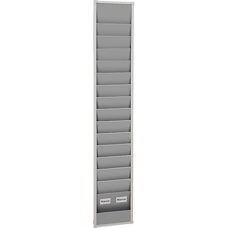 Gray wall letter box with multiple compartments and two name tags at the bottom.