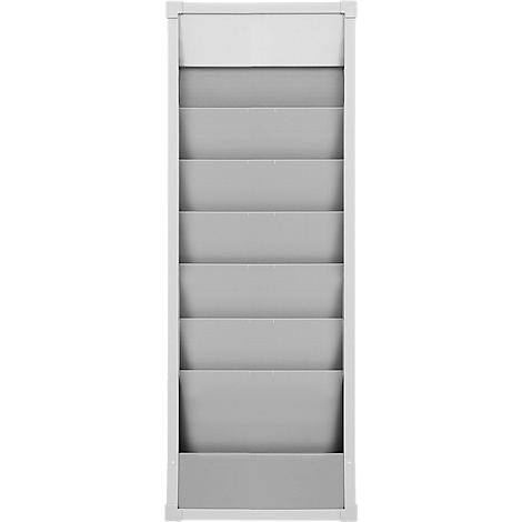 White, rectangular wall shelf with seven gray compartments.