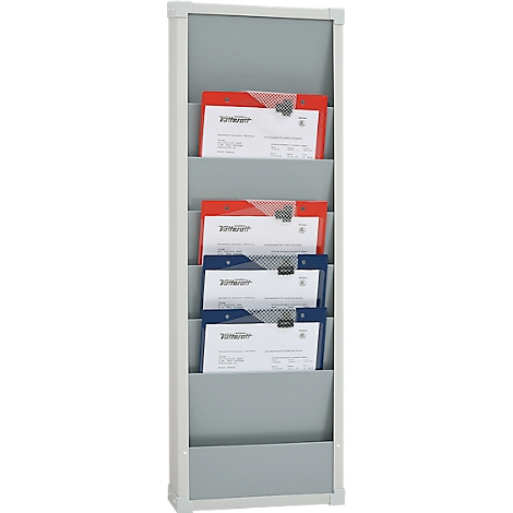 Gray document stand with colorful folders. The top folders are red, the bottom ones blue.
