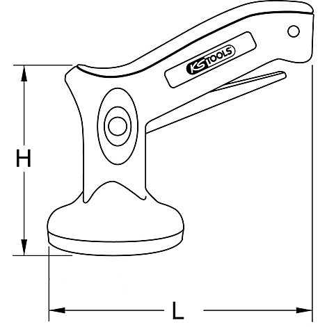 Skizze eines KS TOOLS Werkzeugs mit Maßangaben. Das Werkzeug hat eine abgerundete Form mit einem Griff, der das Logo trägt.