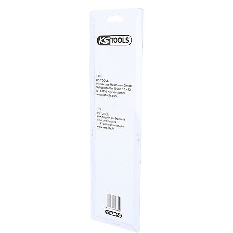 Rückseite der Verpackung mit Logos und Produktinformationen. Schwarze Schrift auf weißem Hintergrund, KS TOOLS Logo.
