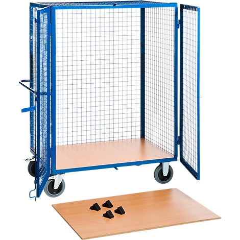 Blauer Gitterwagen mit Flügeltüren und Holzböden auf Rollen vor weißem Hintergrund.