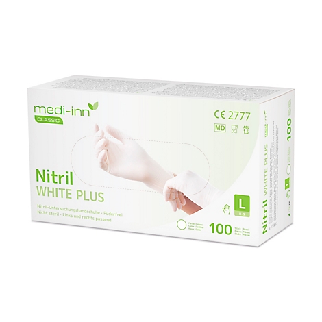 Weiße Box mit medizinischen Handschuhen, Aufdruck 'Nitril White Plus', Hand zeigt einen angezogenen Handschuh.