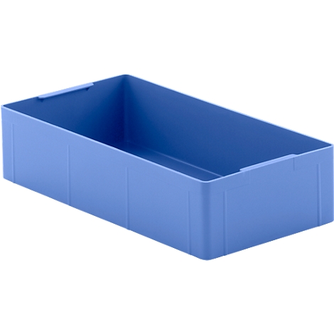 Blaue Kunststoffbox, rechteckig mit Griffausschnitten.