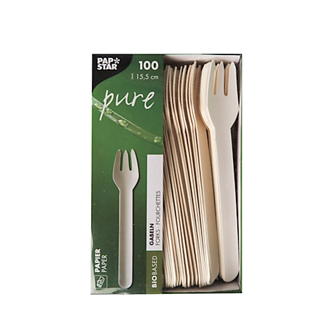 Eine Schachtel mit 100 biologisch abbaubaren Gabeln. Auf der Verpackung steht "Pure" und "Pap Star".
