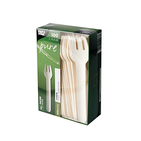 Verpackung mit 100 biologisch abbaubaren Gabeln aus Papier. Die Packung ist grün und weiß, mit Produktnamen und Marke.