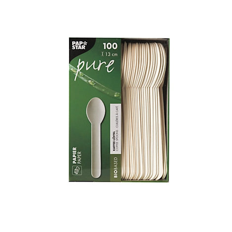 Packung mit 100 Holzlöffeln. Auf der Verpackung steht "pure" und weitere Informationen.