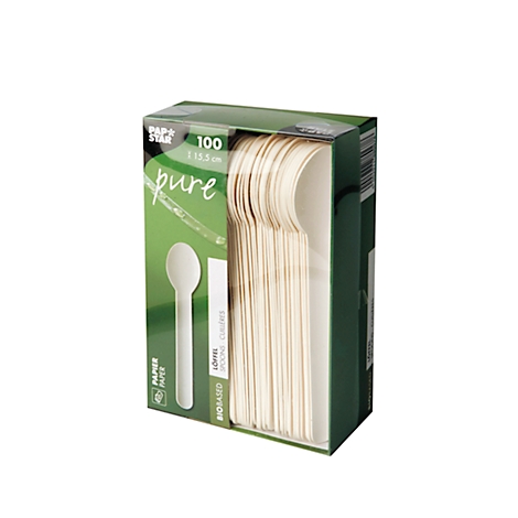 Packung mit 100 biologisch abbaubaren Holzlöffeln in grüner Verpackung, mit Text 'pure'
