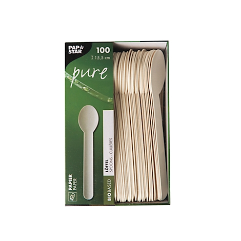 Eine Box mit Holzlöffeln. Auf der Box steht "Pap Star pure" und "100".