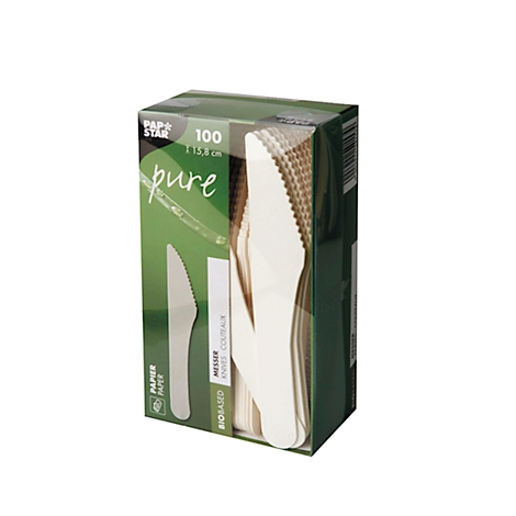 Packung mit 100 kompostierbaren Messern aus Papier, im Vordergrund ein Messer. Aufschrift "pure".