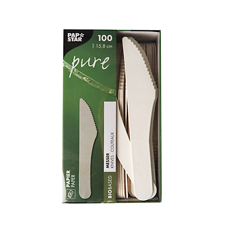Eine Packung Messer aus Holz, mit Produktnamen und Angaben zur Anzahl, auf weißem Hintergrund.