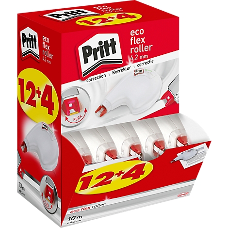 Pritt eco flex roller Box mit 12+4 Korrekturrollern. Rot-weiße Verpackung mit Logo und Produktnamen, Detailansicht der Korrekturroller.